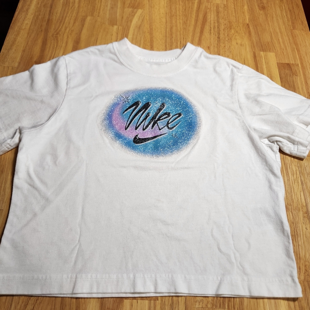 Nike White T-Shirt with Blue and Pink Sparkle Logo. Girl Small